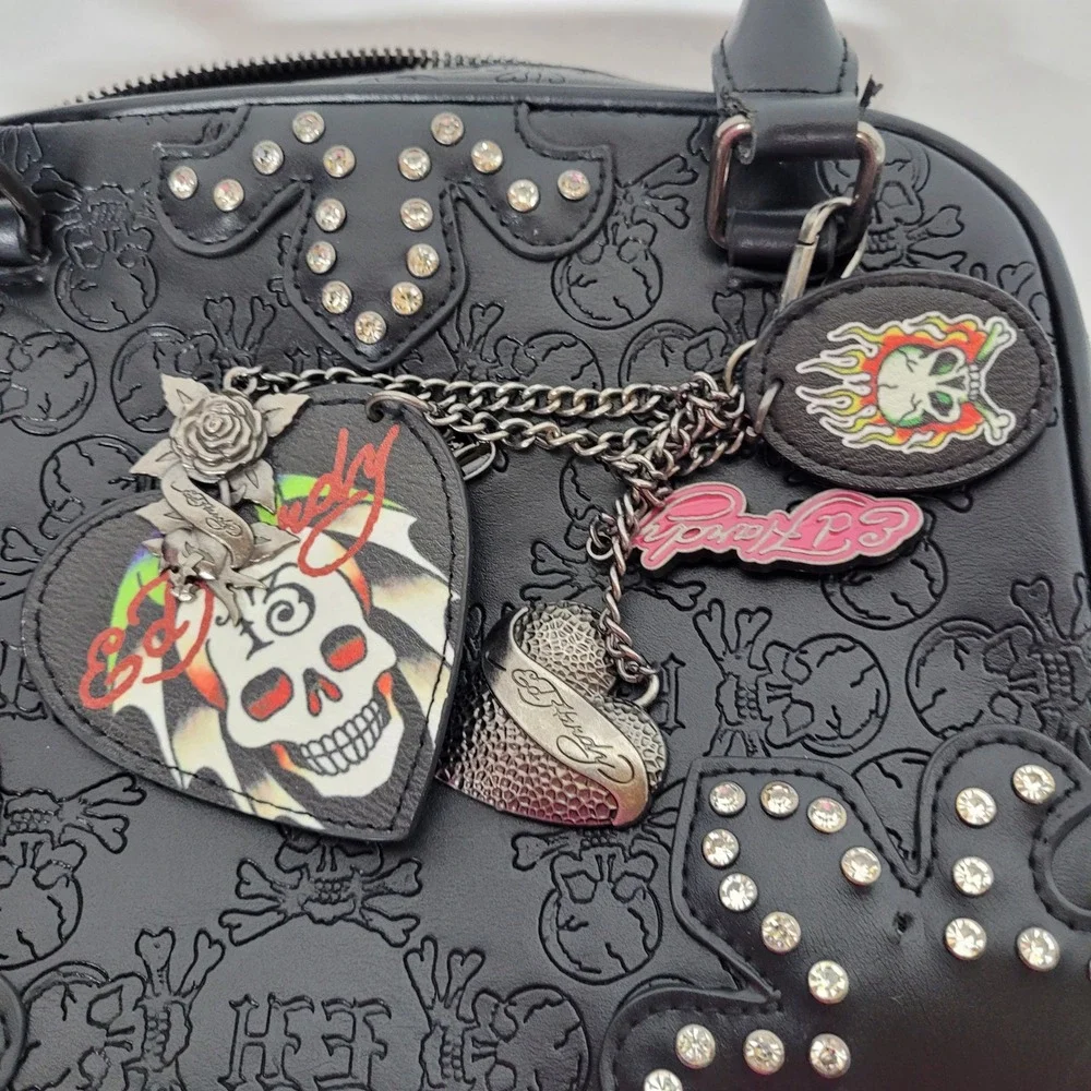Ed Hardy Black Embossed Skull Rhinestone Satchel Crossbody Bag Y2K